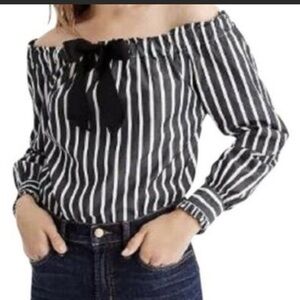 J Crew Bardot top charcoal gray and White Striped Off-Shoulder